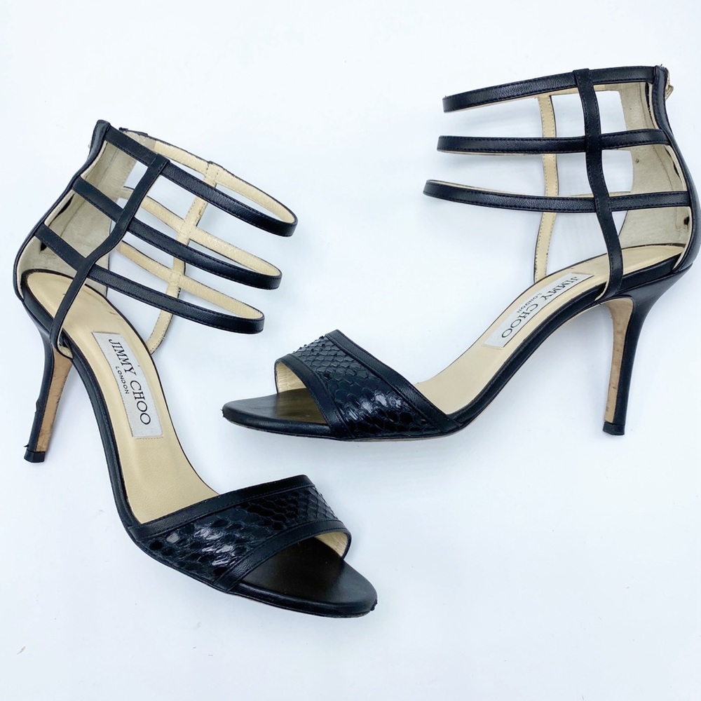 Jimmy Choo Sandals 36.5 Black Leather Crocodile Cage Stiletto Heel